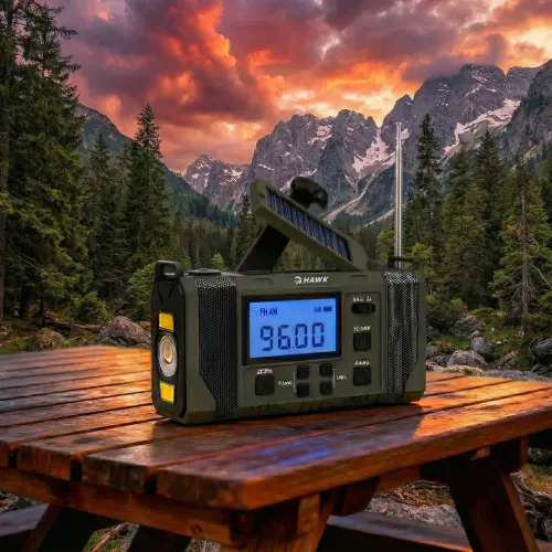 Radioodbiornik Hawk Expedition R20 Na korbkę, Solarne, Latarka, Radio FM Czarny