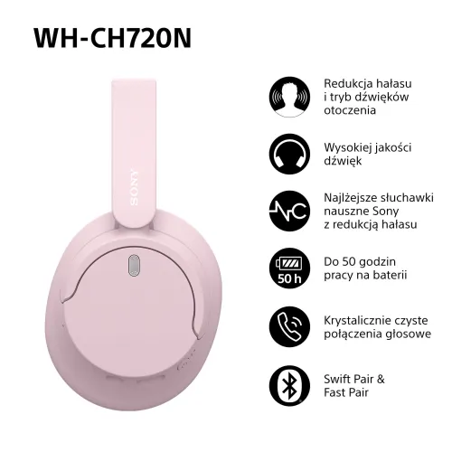 Słuchawki bezprzewodowe Sony WH-CH720N ANC Nauszne Bluetooth 5.2 Różowy