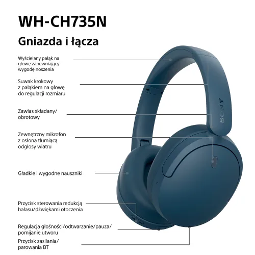 Słuchawki bezprzewodowe Sony WH-CH735N ANC Nauszne Bluetooth 6.0 Niebieski