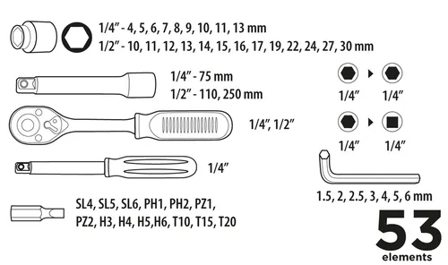 Zestaw kluczy nasadowych 1/2", 1/4" 53szt. Top Tools 38D530