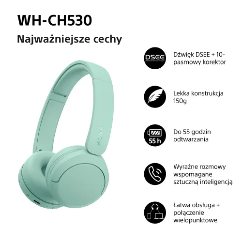 Słuchawki bezprzewodowe Sony WH-CH530 Nauszne Bluetooth 6.0 Zielony