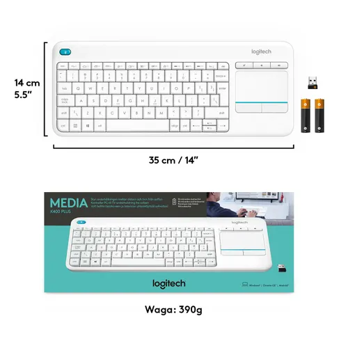 Klawiatura Logitech Wireless Touch Keyboard K400 Plus - biały