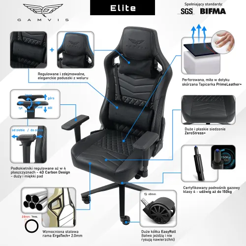Fotel GAMVIS Elite 2.0 Pro XXL Czarny (czarne elementy)