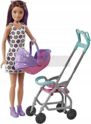 Lalka Barbie Skipper z wózkiem i bobasem GXT34