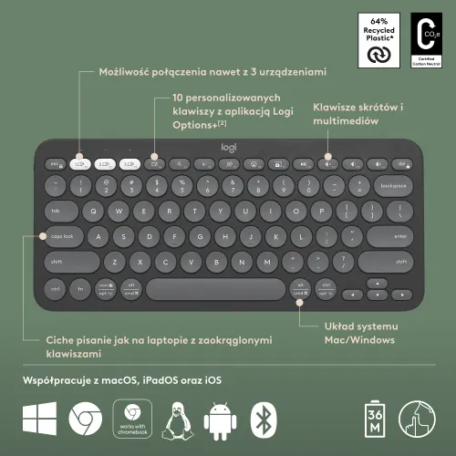 Klawiatura membranowa Logitech Pebble Keys 2 K380s - grafitowy