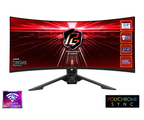 Monitor ASrock Phantom Gaming PG34WQ15R3A - gamingowy - zakrzywiony - 34" - UWQHD - 165Hz - 1ms