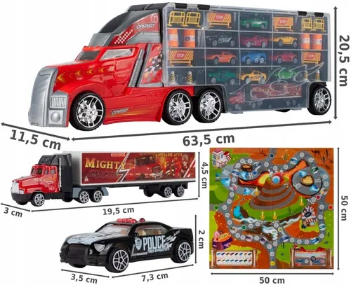Ogromna ciężarówka laweta z wyrzutnią autek 10 resorakami I grą planszową 63 cm