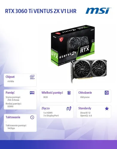 Karta graficzna RTX 3060 Ti VENTUS 2X V1 LHR 8GB GDDR6 256bit 3DP/HDMI 