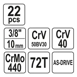 Zestaw narzędziowy 3/8'', 22szt. Yato YT-38561