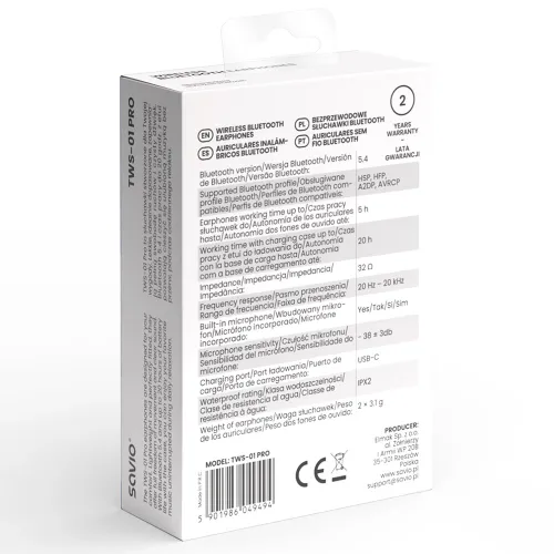 Słuchawki bezprzewodowe Savio TWS-01 PRO Douszne Bluetooth 5.4 Biały