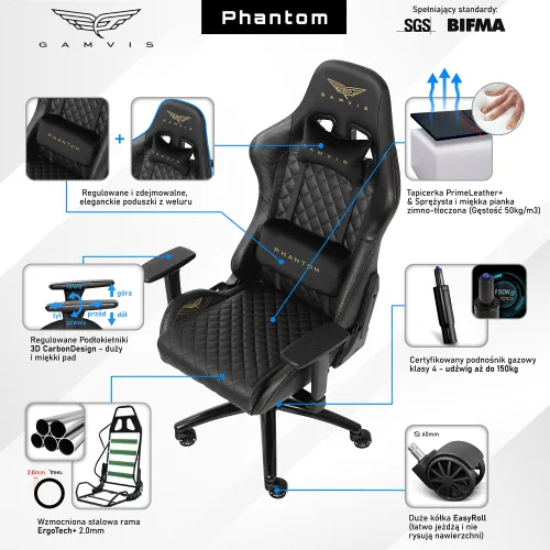 Fotel GAMVIS Phantom Large Pikowany Czarny (złote elementy)