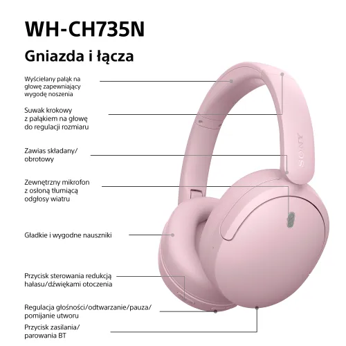 Słuchawki bezprzewodowe Sony WH-CH735N ANC Nauszne Bluetooth 6.0 Różowy