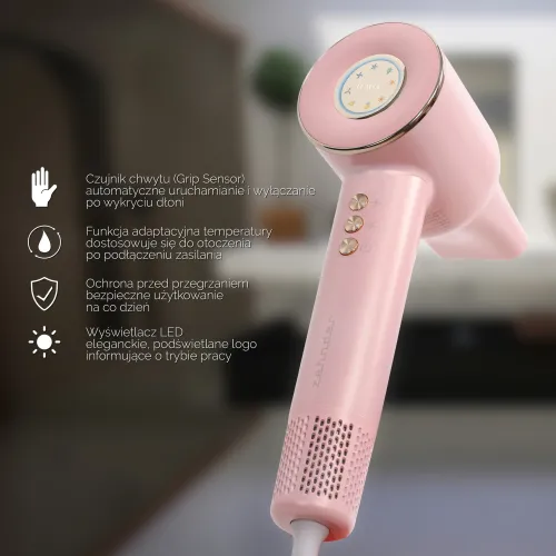 Suszarka do włosów Zehnder Flavia Jonizacja Dyfuzor Zimny nawiew 1600W 3 prędkości 3 temperatury Różowy