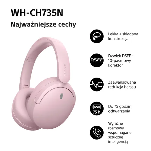 Słuchawki bezprzewodowe Sony WH-CH735N ANC Nauszne Bluetooth 6.0 Różowy