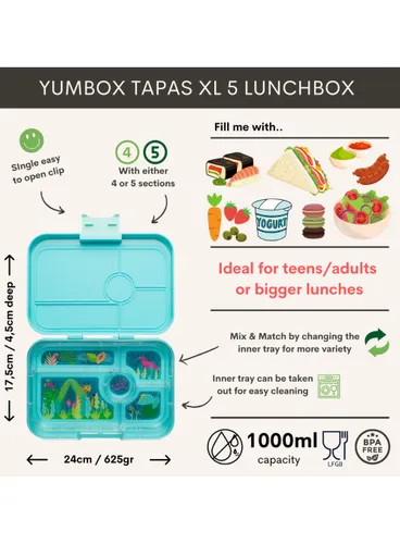 Lunchbox do pracy XL Yumbox Tapas 5 sekcji - antibes blue / jungle pastel tray