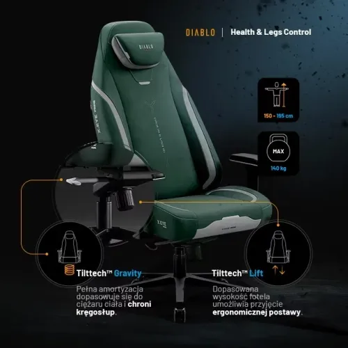 Fotel Diablo Chairs X.Eye Prime, Normal Size, Forest Green Gamingowy do 140kg Ciemny Zielony