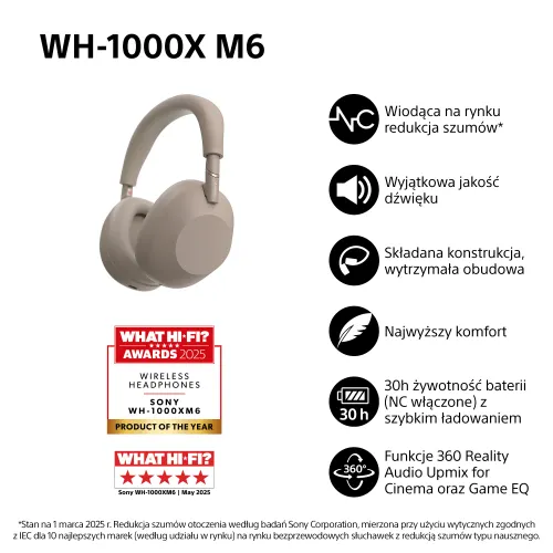 Słuchawki bezprzewodowe Sony WH-1000XM6 ANC Nauszne Bluetooth 5.3 Piaskowy