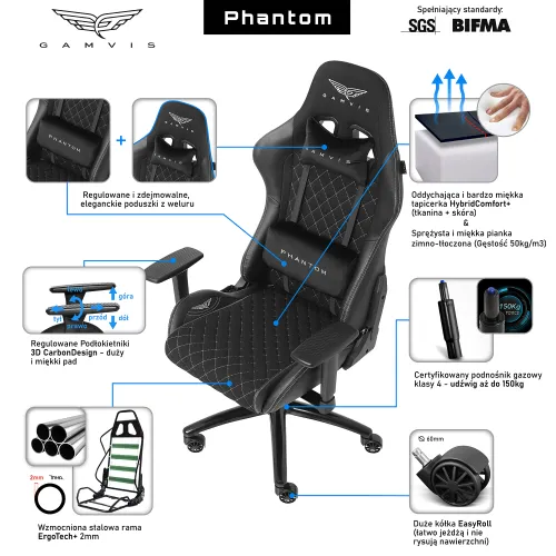 Fotel GAMVIS Phantom Large Czarny (białe elementy)