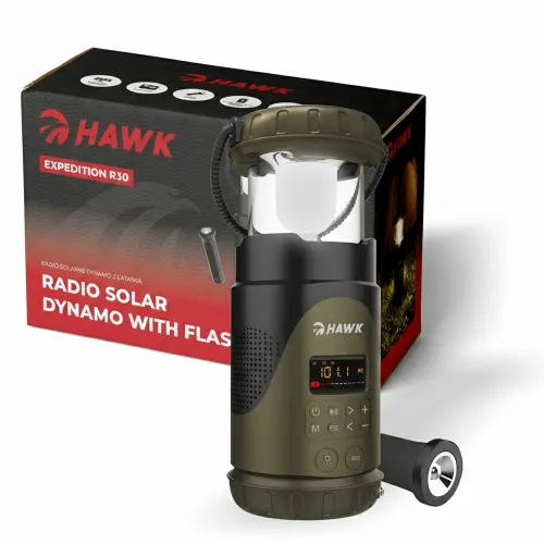 Radioodbiornik Hawk Expedition R30 Na korbkę, Solarne, Latarka, Radio FM Zielony