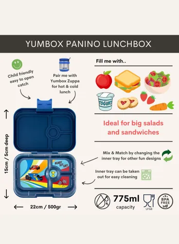 Lunchbox dziecięcy Yumbox Panino 750 ml - Monte Carlo blue / race cars tray