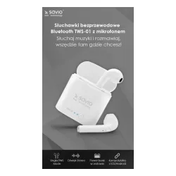 Słuchawki bezprzewodowe Savio TWS-01 Dokanałowe Bluetooth 5.0 Biały