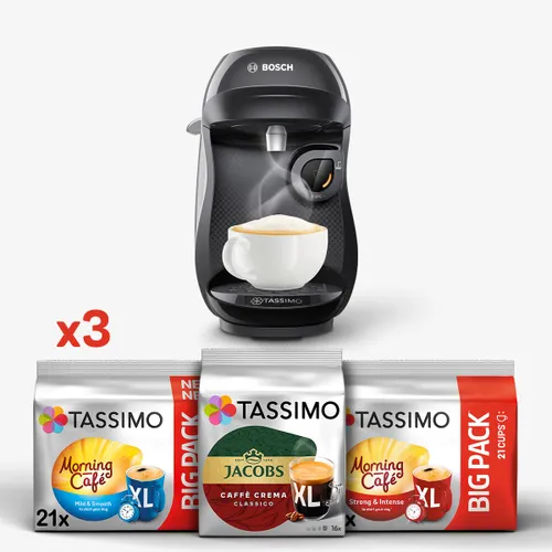 Zestaw ekspres kapsułkowy Bosch Tassimo Happy TAS1002N czarny i 3 opakowania kapsułek: Morning Café (Mild&Smooth)/(Strong&Intense), Caffè Crema Classico