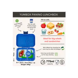 Średni prostokątny lunchbox Yumbox Panino - surf blue / dinosaur tray