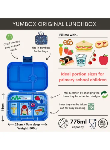 Szczelna średnia śniadaniówka Yumbox Original - surf blue / funny monsters tray