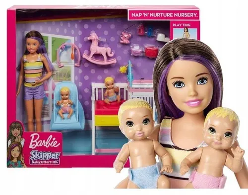 LALKA BARBIE SKIPPER OPIEKUNKA zestaw z 2 bobasami, łóżeczkiem + akcesoria GFL38