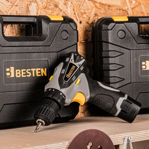 Wiertarko wkrętarka akumulatorowa z udarem BESTEN BE-2852 12 V 2 biegi zestaw 26 elementów z walizką