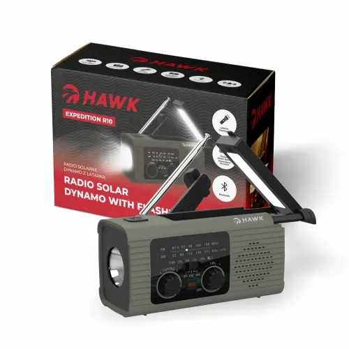 Radioodbiornik Hawk Expedition R10 Na korbkę, Solarne, Latarka, Radio FM Szary