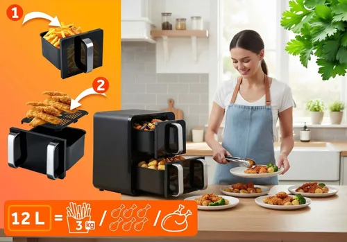 Air Fryer Frytkownica beztłuszczowa BERDSEN BD-664 12l z podwójnym koszem i okienkiem do obserwacji postępów gotowania