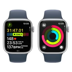 Apple Watch 9 GPS 45mm koperta z aluminium (srebrny) + pasek sportowy S/M (sztormowy błękit) (CPO)