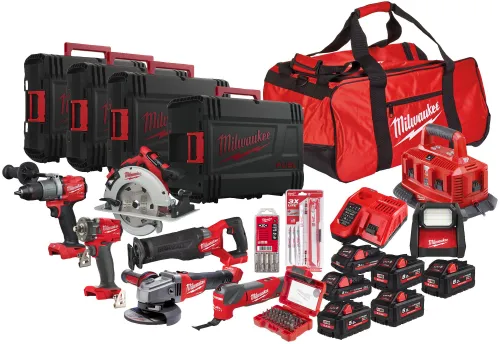 Milwaukee M18 PP8B-586P elektrikli el aletleri seti (tornavida + lamba + testere + pistonlu testere + açılı taşlama makinesi)