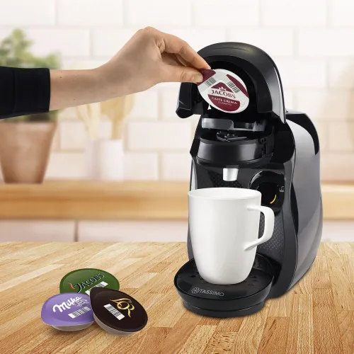 Zestaw ekspres kapsułkowy Bosch Tassimo Happy TAS1002N czarny i 3 opakowania kapsułek: Jacobs Latte Macchiato Classico, Café au lait, Morning Café (Strong&Intense) XL