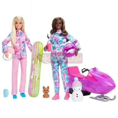 LALKA BARBIE SPORTY ZIMOWE zestaw 2 lalek skuter śnieżny deska snowboardowa HGM75