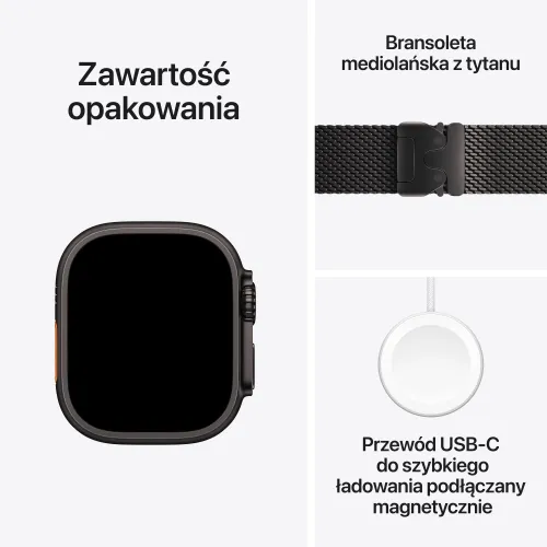 Apple Watch Ultra 2 GPS + Cellular 49mm koperta tytanowa (czarny) + bransoleta mediolańska z tytanu rozmiar L (czarny) (Stan Doskonały)