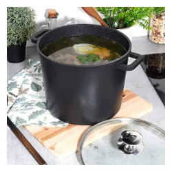 Garnek Granitowy ze Szklaną Pokrywką Wysoki do Gotowania Duszenia 7,6L