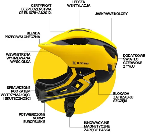 Kask XRIDER XRKFH004S Żółto-czarny Full Face dla Dzieci z odpinaną szczęką (rozmiar S)