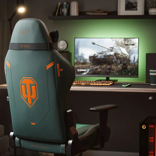 Fotel Diablo Chairs X-One 2.0 World of Tanks Gamingowy do 160kg Skóra ECO Tkanina Zielono-pomarańczowy