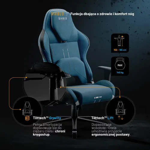 Fotel Diablo Chairs X.One Prime, Normal Size, Meta Ocean Gamingowy Do 140kg Tkanina Niebieski