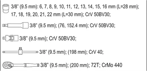 Zestaw narzędziowy 3/8'', 22szt. Yato YT-38561