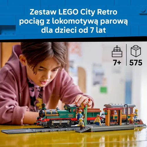 LEGO City 60511 Retro pociąg z lokomotywą parową, zestaw klocków 7+