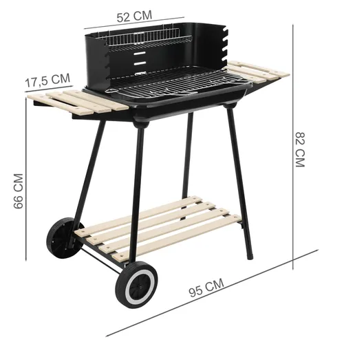 Grill węglowy ogrodowy na kółkach z 3 półkami i rożnem