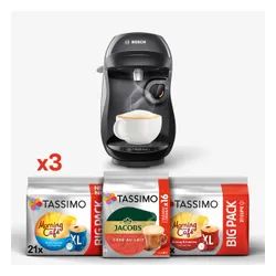 Zestaw ekspres kapsułkowy Bosch Tassimo Happy TAS1002N czarny i 3 opakowania kapsułek Morning Café (Mild&Smooth)/(Strong&Intense) XL, Jacobs Café au lait