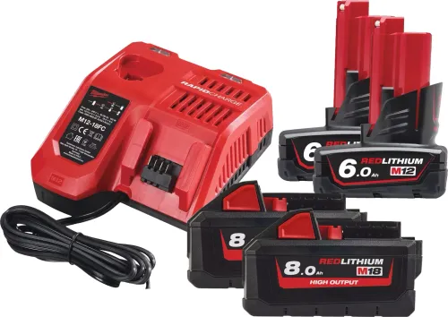 Milwaukee M12-18 şarj cihazına sahip 4 adet 6AH ve 8AH pil paketi