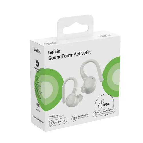 Słuchawki bezprzewodowe Belkin SoundForm ActiveFit Dokanałowe z zaczepami Bluetooth 5.4 Kremowy