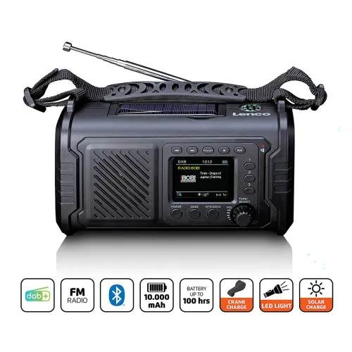 Radioodbiornik Lenco PDR-055BK Na korbkę, Solarne, Latarka, Powerbank, Radio FM DAB+ Czarny