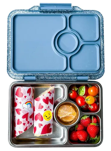 Lunchbox 4-komorowy Yumbox Pret ze stalową tacą - Paris blue glitter