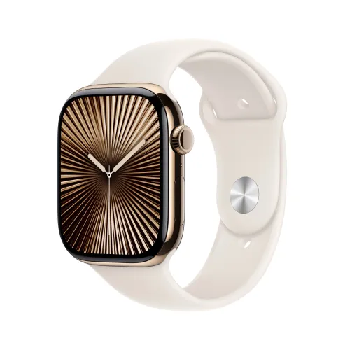 Apple Watch Series 10 GPS + Cellular koperta 42mm tytan w złoty pasek sportowy księżycowa poświata S/M